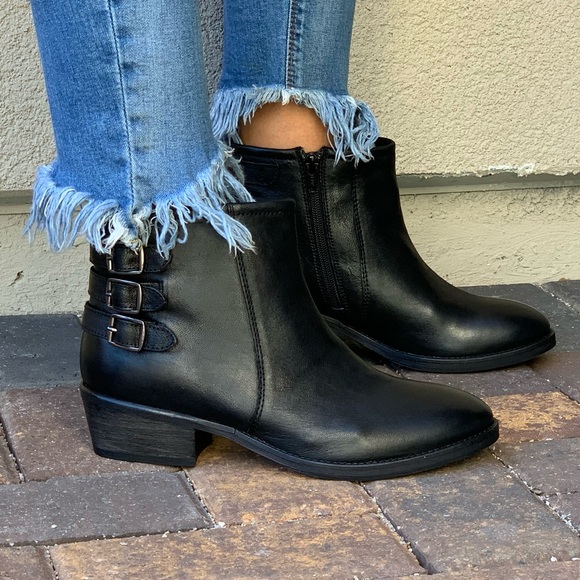 Black Leather Distressed Triple Buckle Ankle Boots - Picture 1 of 8